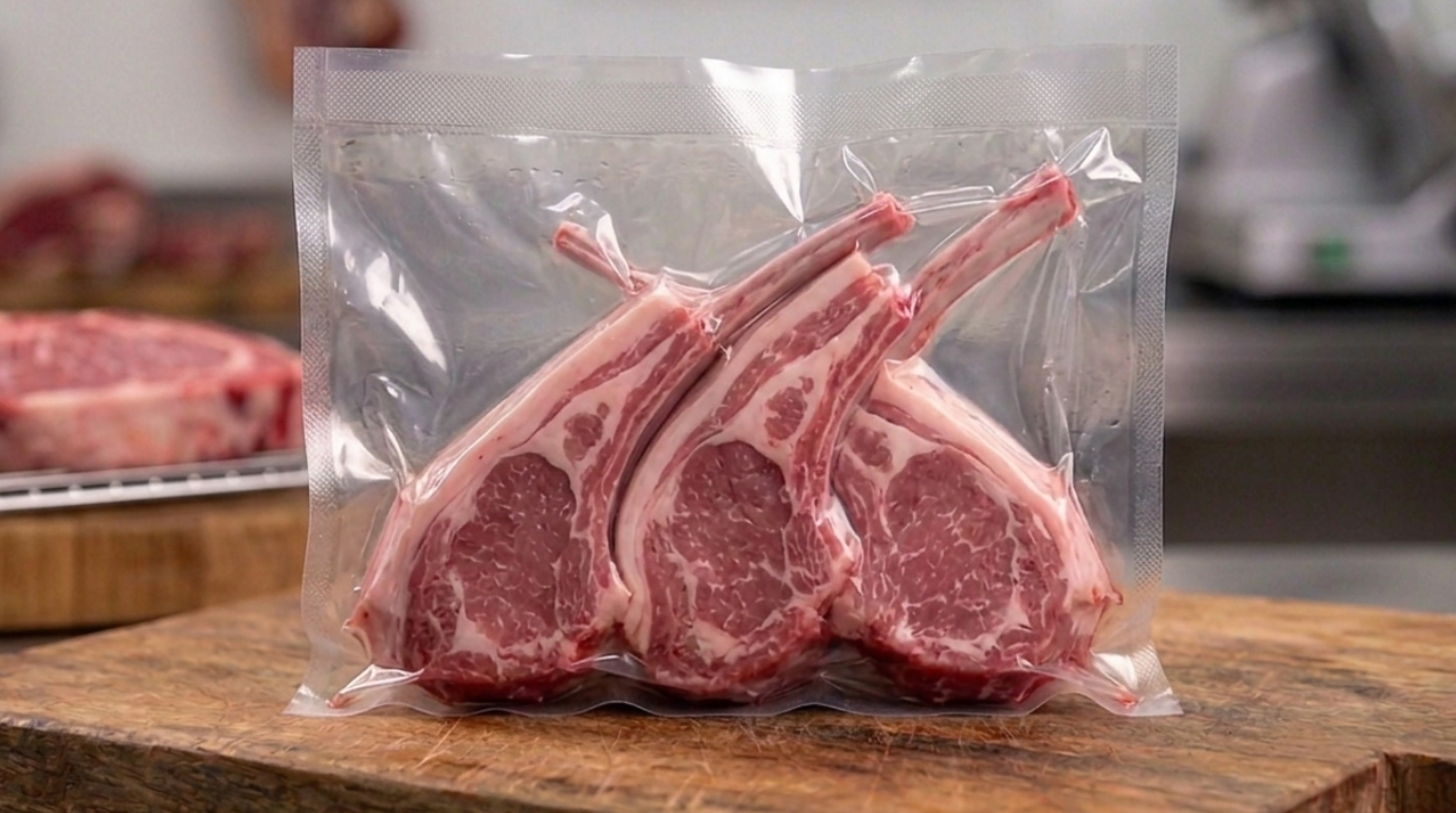 A row of perfectly French-trimmed lamb cutlets with clean white bones – Stack Butcher.