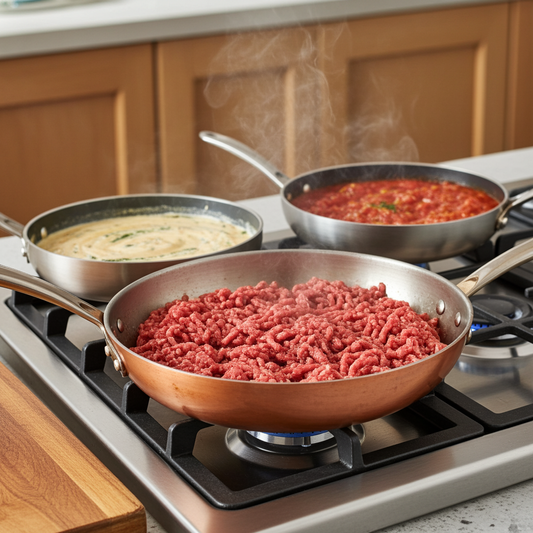 Three pans on a stove with ground meat, sauce, and another dish.